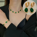 Luxe Oval Green Crystal Pendant Necklace Set With Bracelet