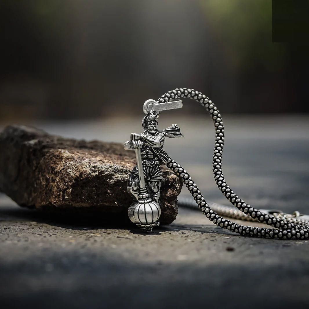 Hanumanji With Gada Silver Locket Chain
