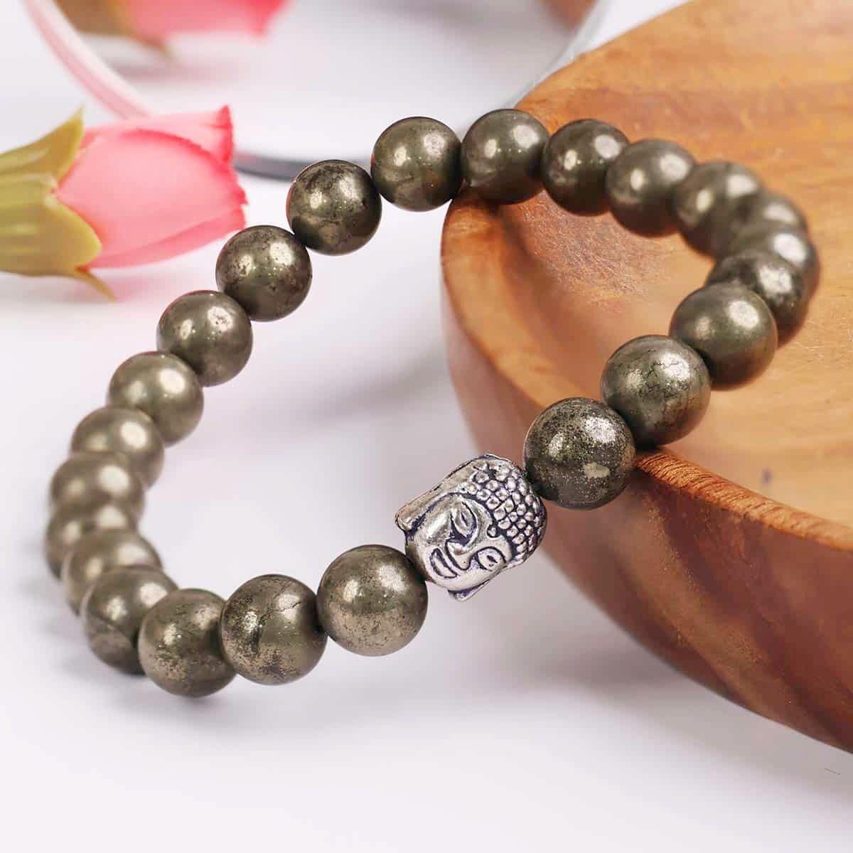 Unisex Pyrite Elastic Wrist Bracelet with Lucky Charm