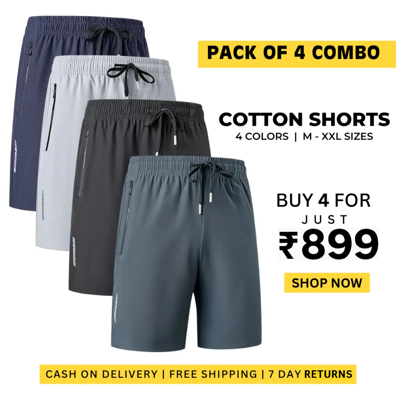 Combo of 4 Men's Stretchable High-Quality Cotton Shorts for summers ☀️(₹199/piece)