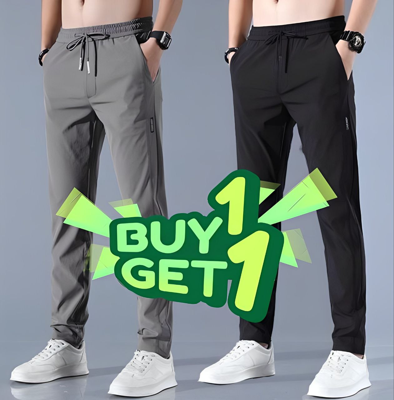 (Buy 1 Get 1 Free) High-Quality Men's High Stretch Skinny Lycra Pants (Black + Grey)